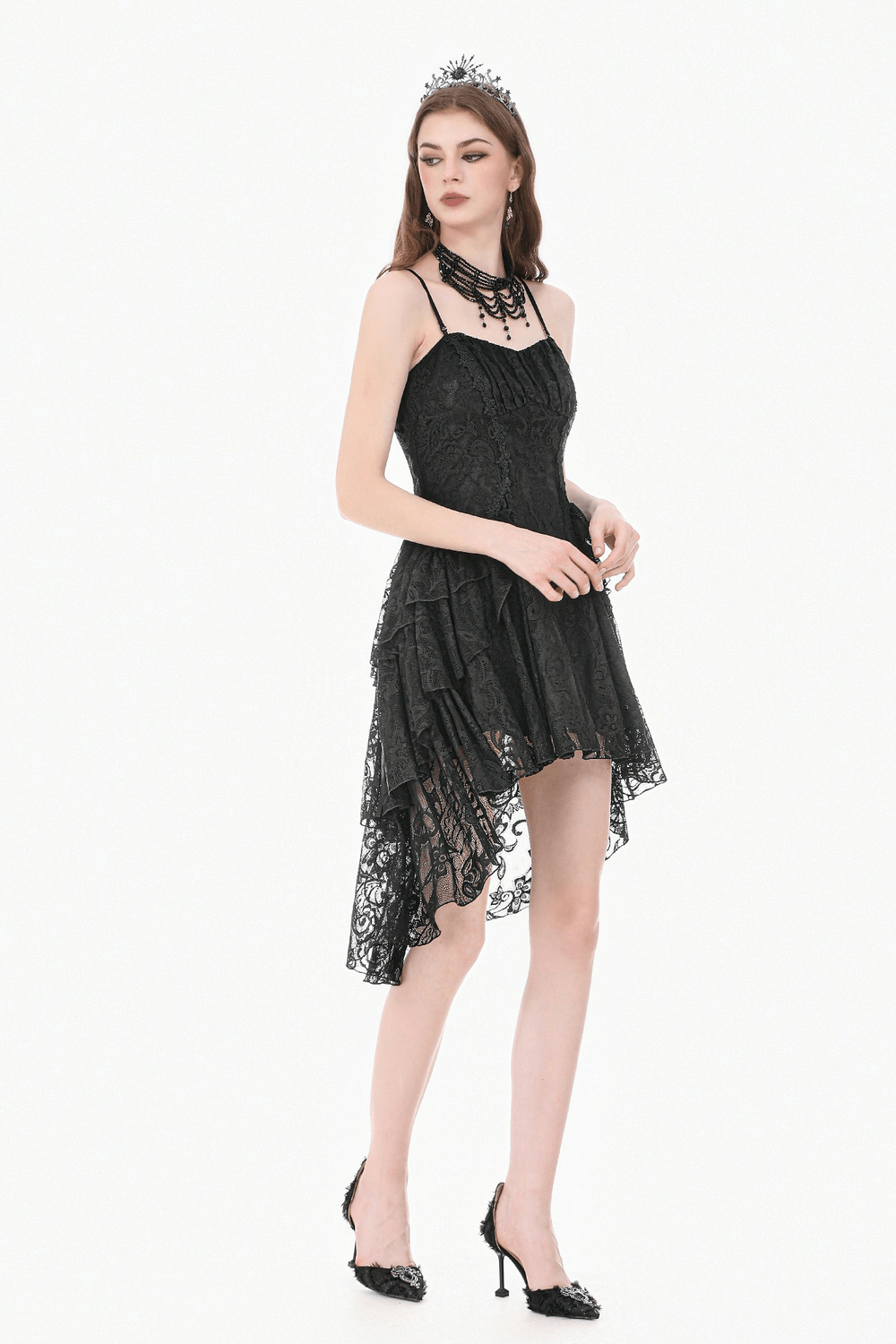 Victorian Goth Tiered Midi Dress With Sheer Floral Skirt