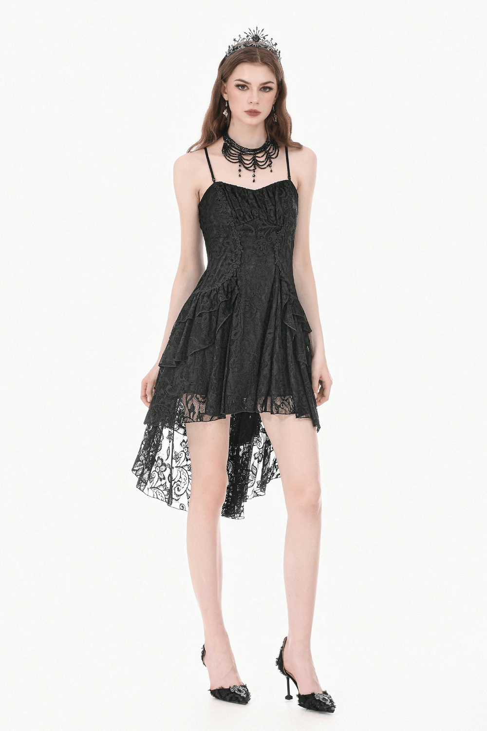 Victorian Goth Tiered Midi Dress With Sheer Floral Skirt