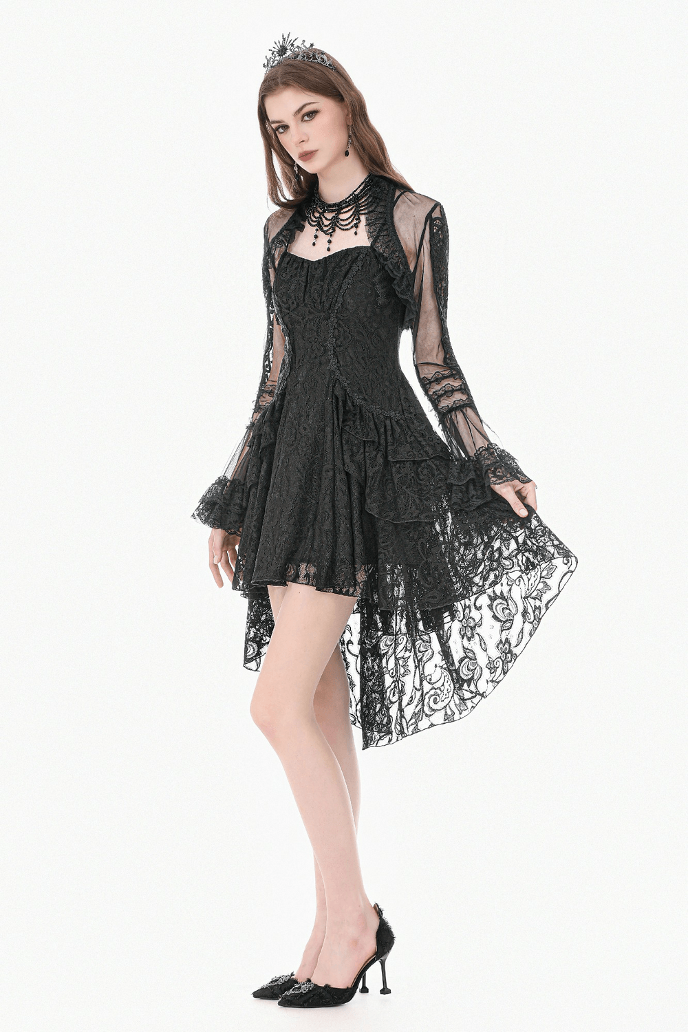 Victorian Goth Tiered Midi Dress With Sheer Floral Skirt