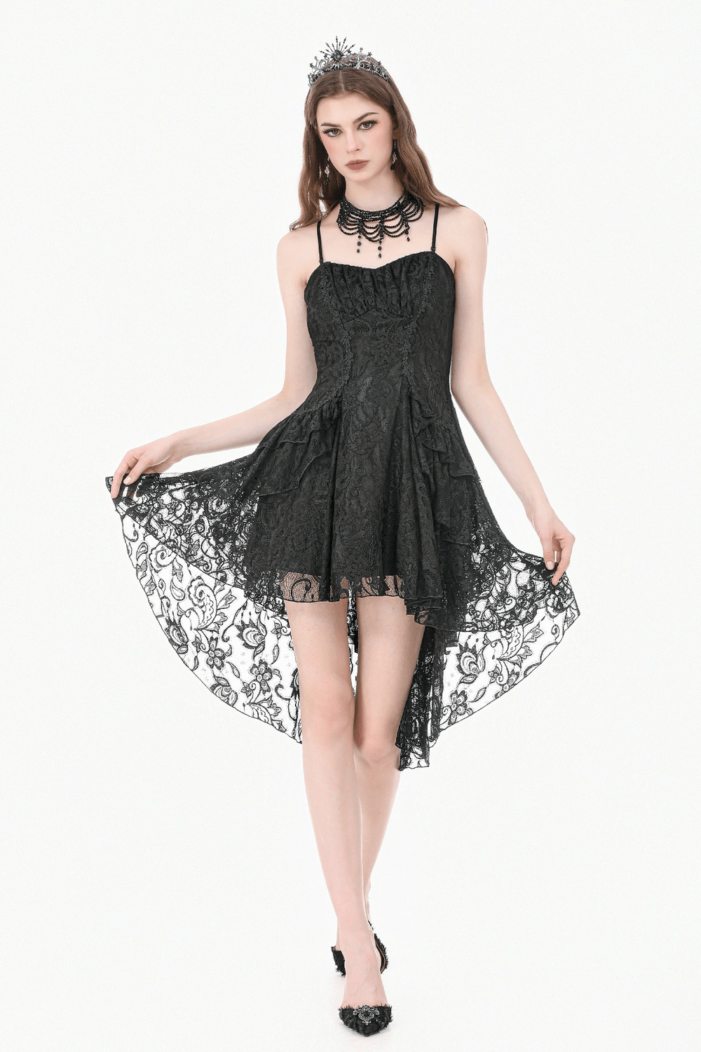 Victorian Goth Tiered Midi Dress With Sheer Floral Skirt