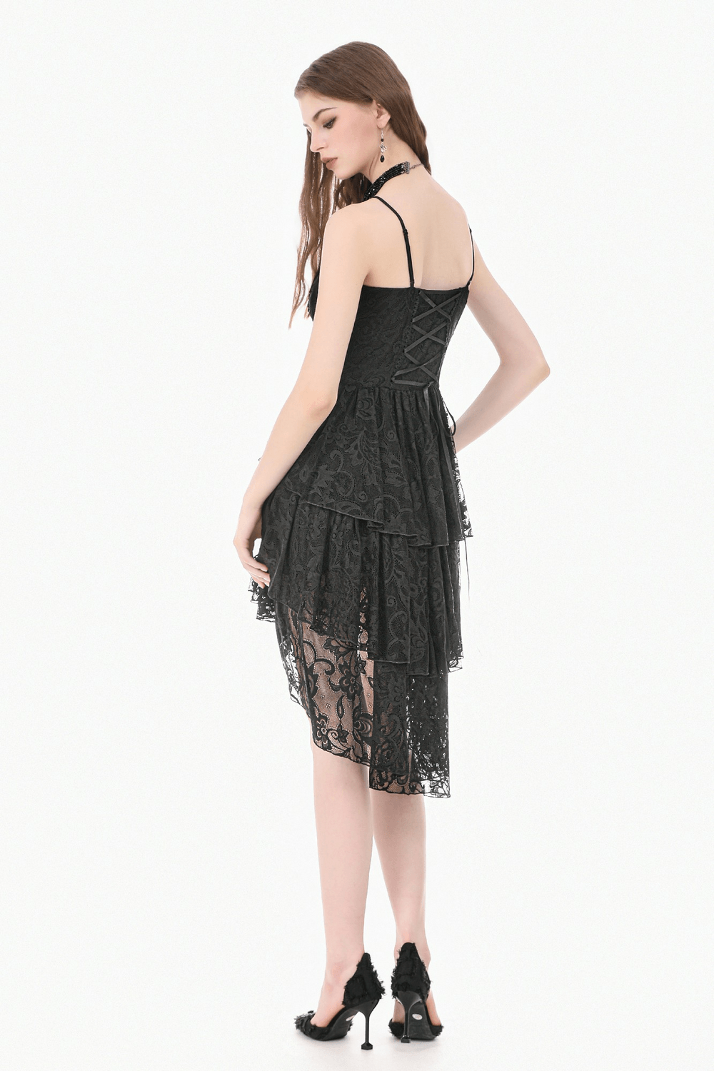 Victorian Goth Tiered Midi Dress With Sheer Floral Skirt
