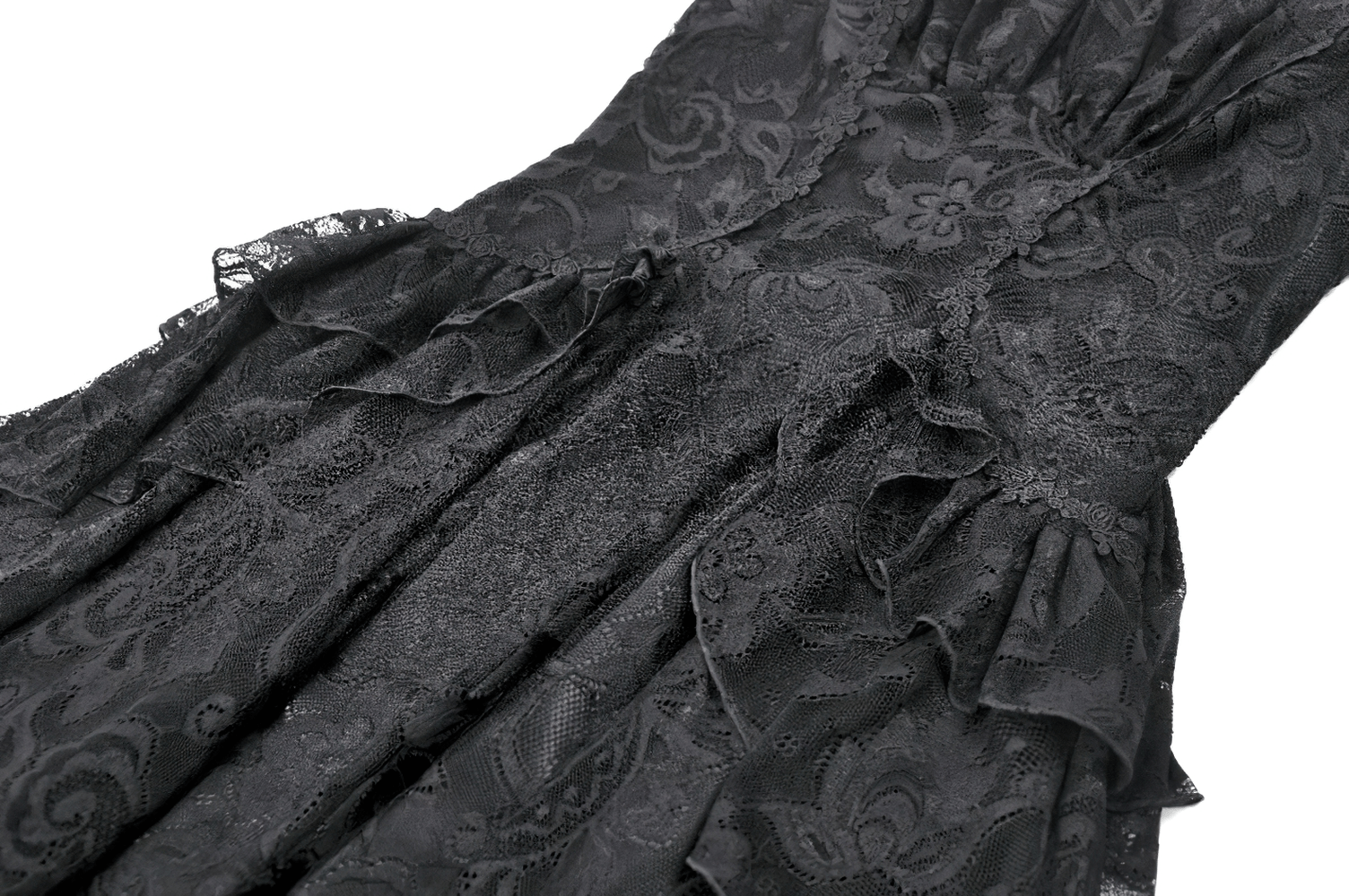 Victorian Goth Tiered Midi Dress With Sheer Floral Skirt