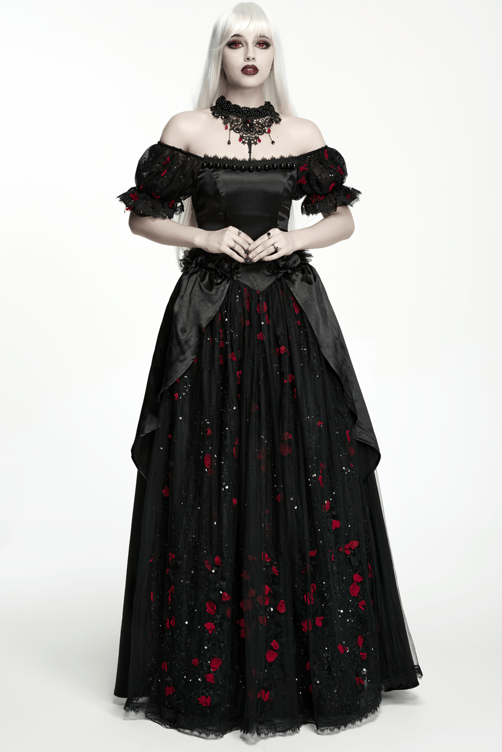 Victorian Gothic Beaded Choker with Red Crystal Drops
