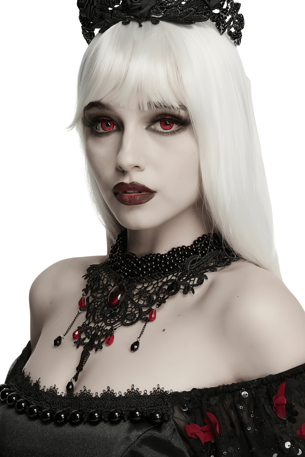 Victorian Gothic Beaded Choker with Red Crystal Drops