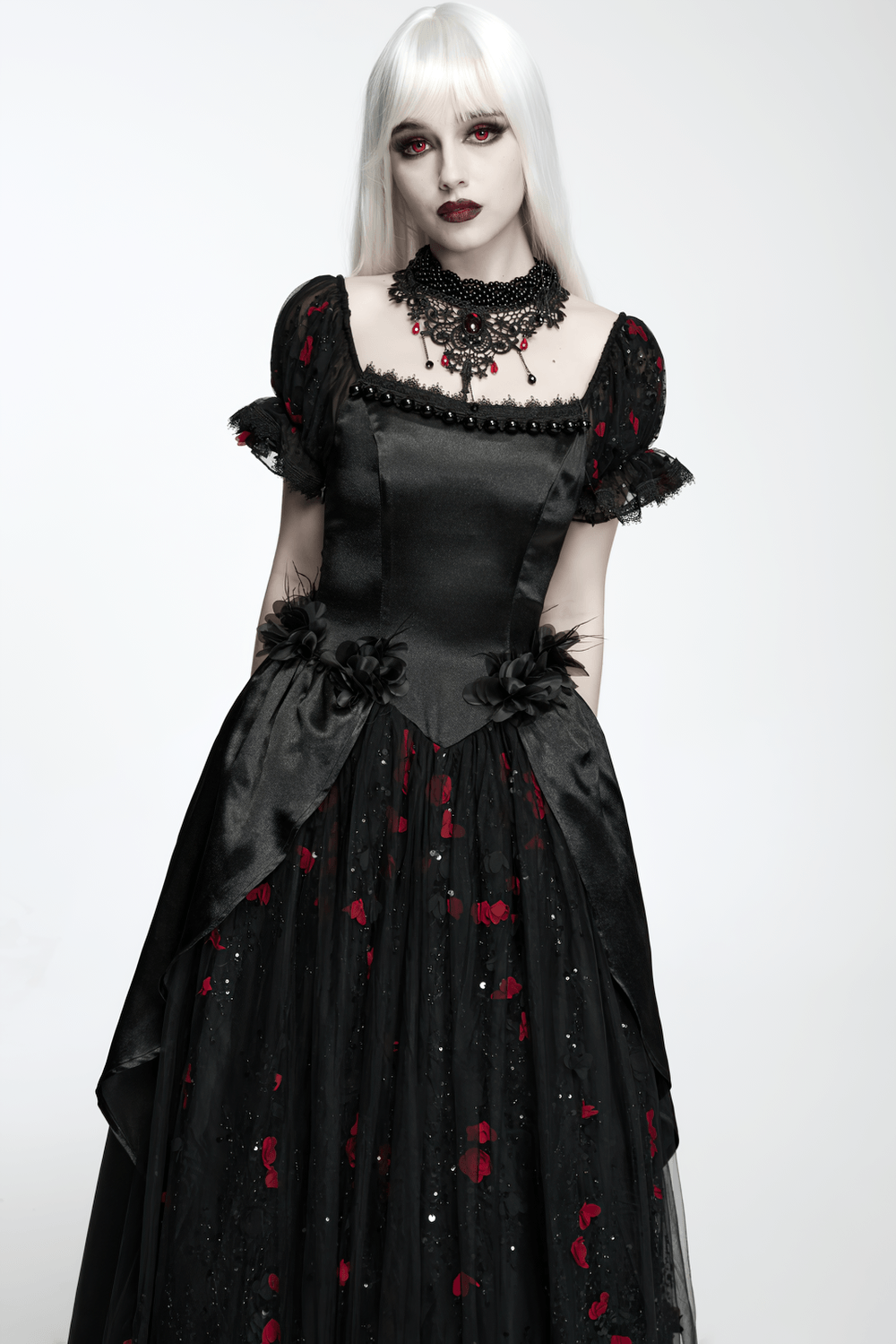 Victorian Gothic Beaded Choker with Red Crystal Drops