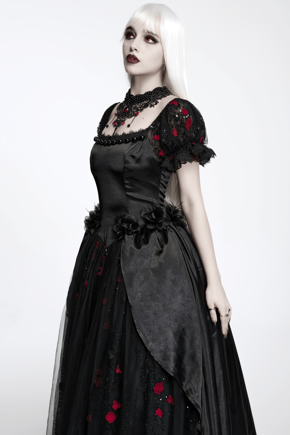 Victorian Gothic Beaded Choker with Red Crystal Drops