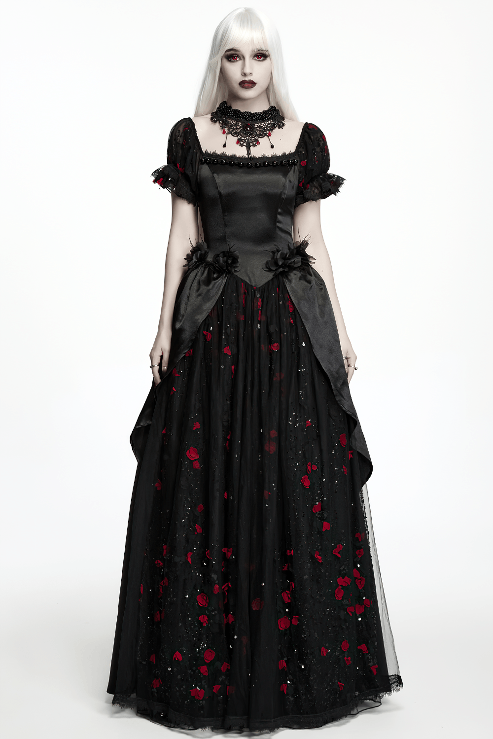 Victorian Gothic Beaded Choker with Red Crystal Drops