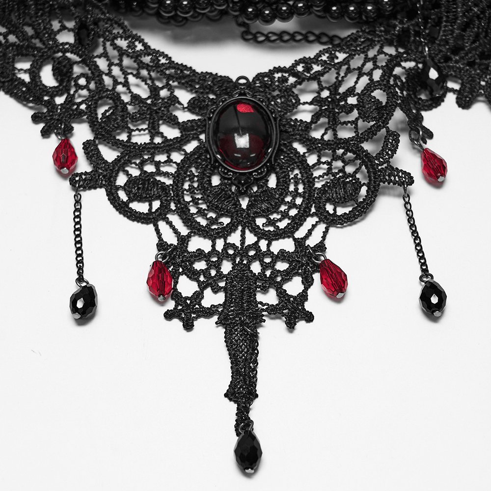 Victorian Gothic Beaded Choker with Red Crystal Drops