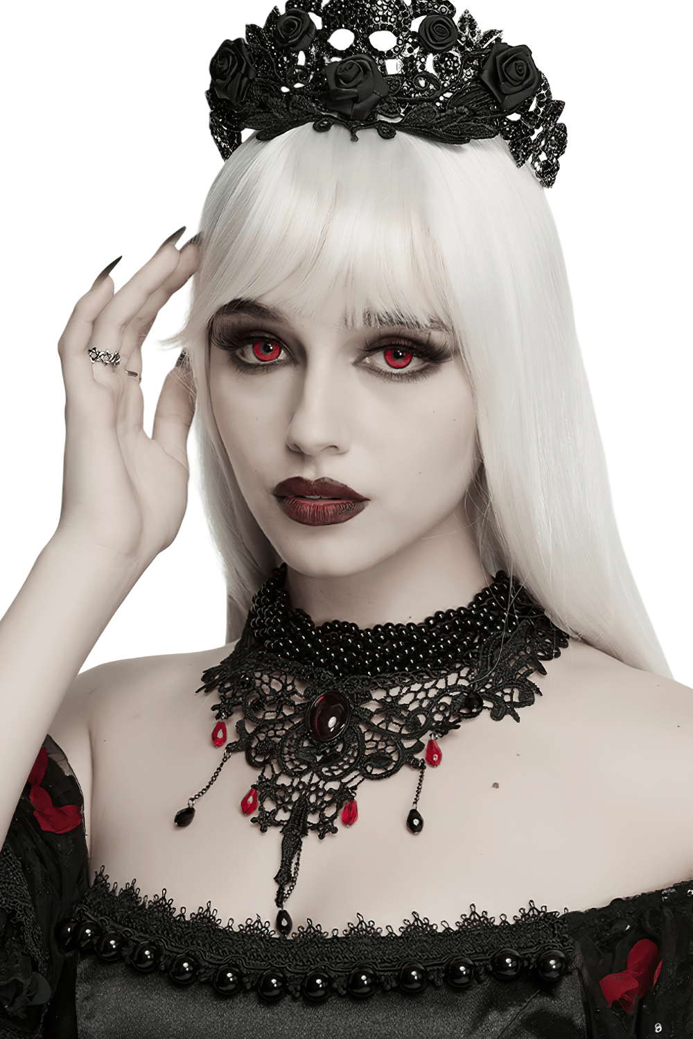Victorian Gothic Beaded Choker with Red Crystal Drops