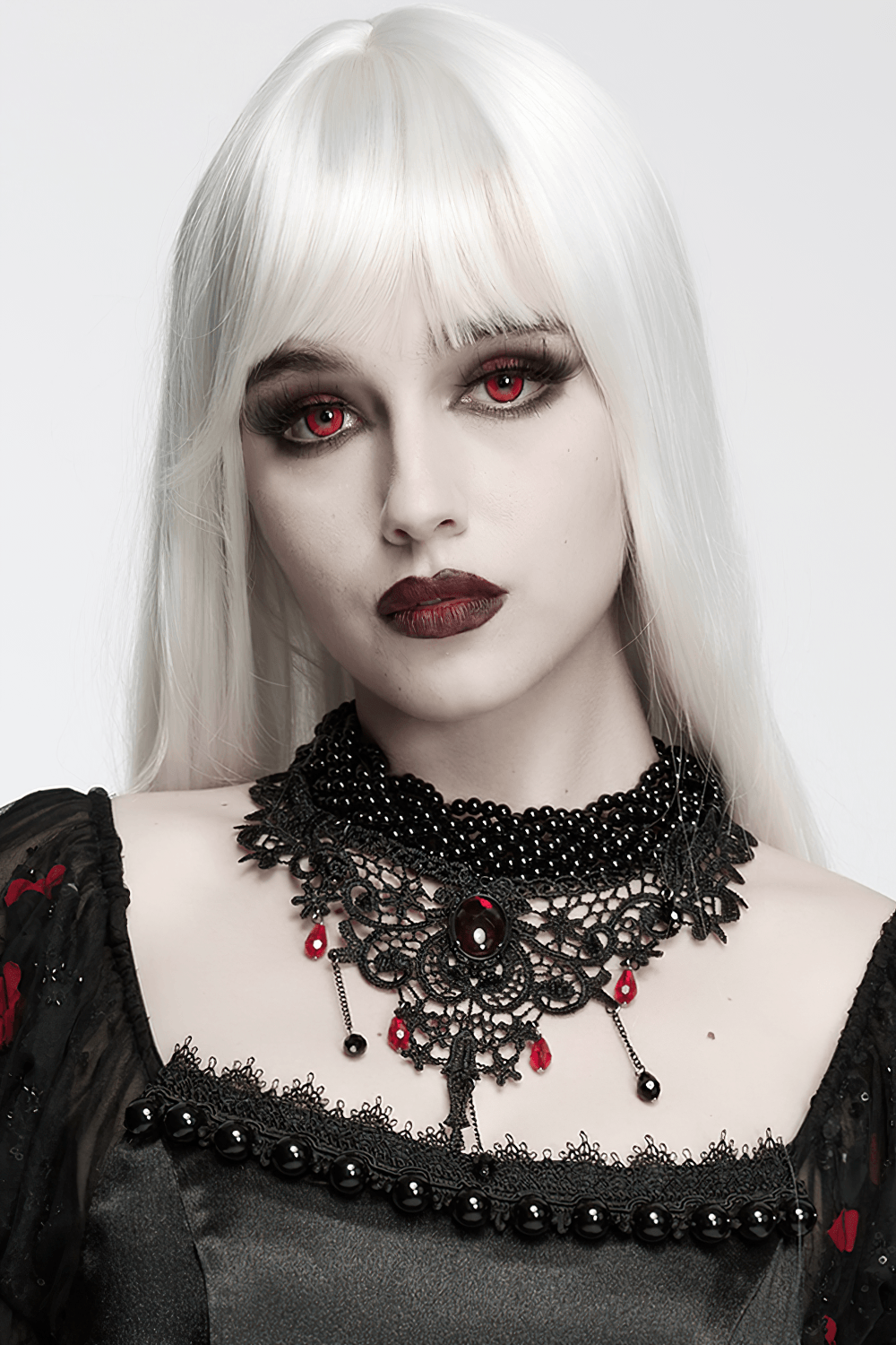 Victorian Gothic Beaded Choker with Red Crystal Drops