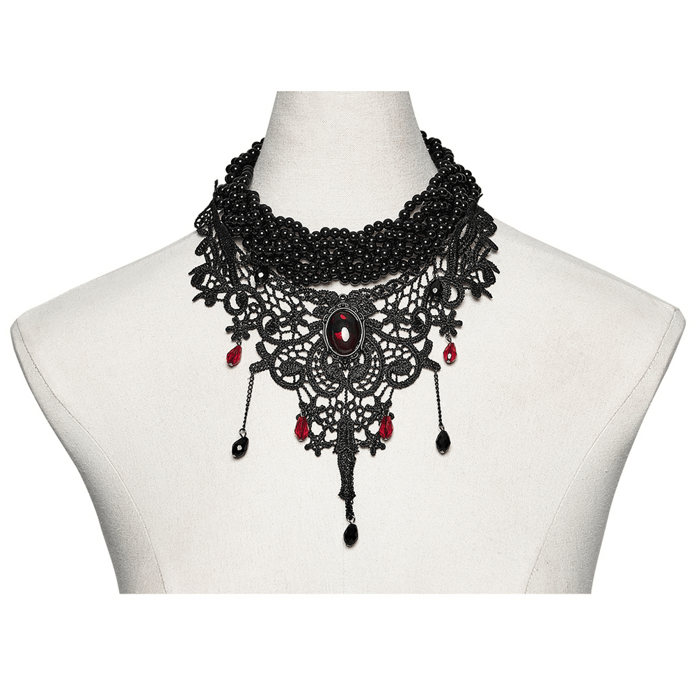 Victorian Gothic Beaded Choker with Red Crystal Drops