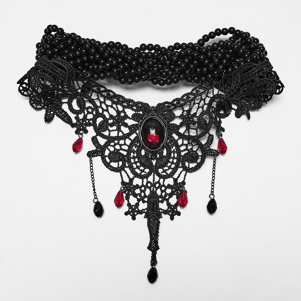 Victorian Gothic Beaded Choker with Red Crystal Drops