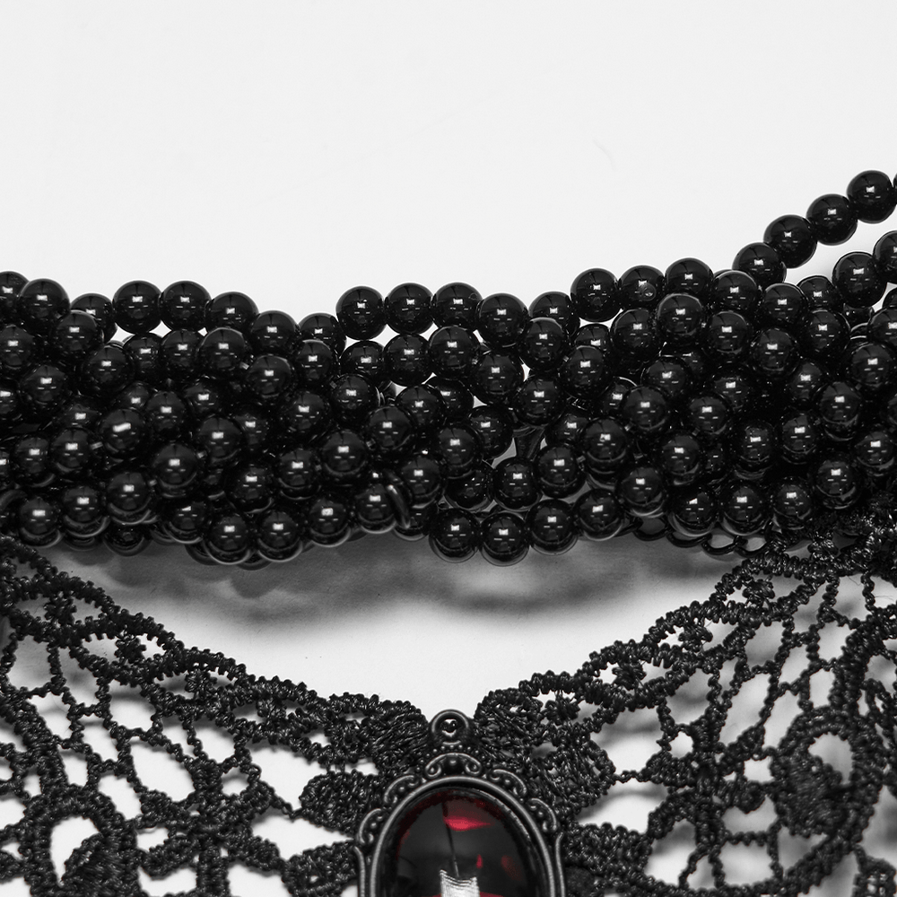 Victorian Gothic Beaded Choker with Red Crystal Drops
