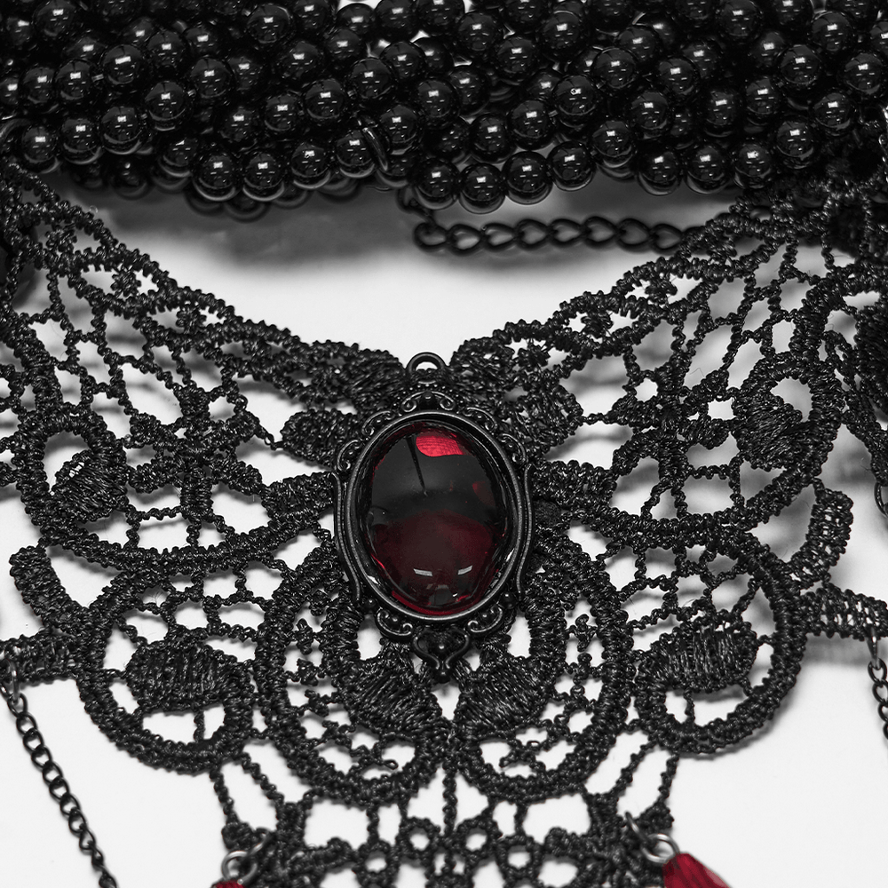 Victorian Gothic Beaded Choker with Red Crystal Drops