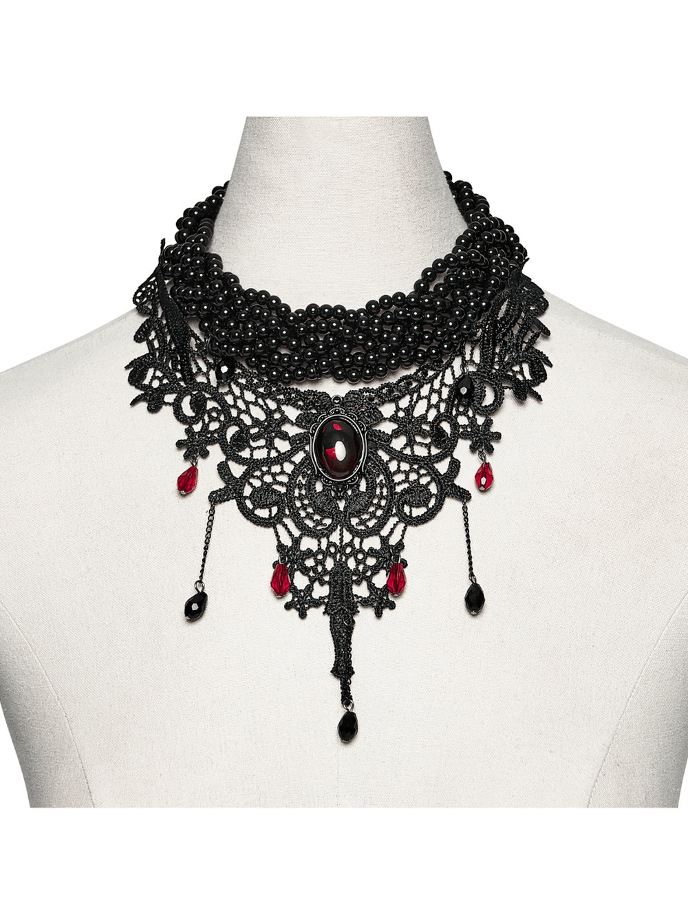 Victorian Gothic Beaded Choker with Red Crystal Drops