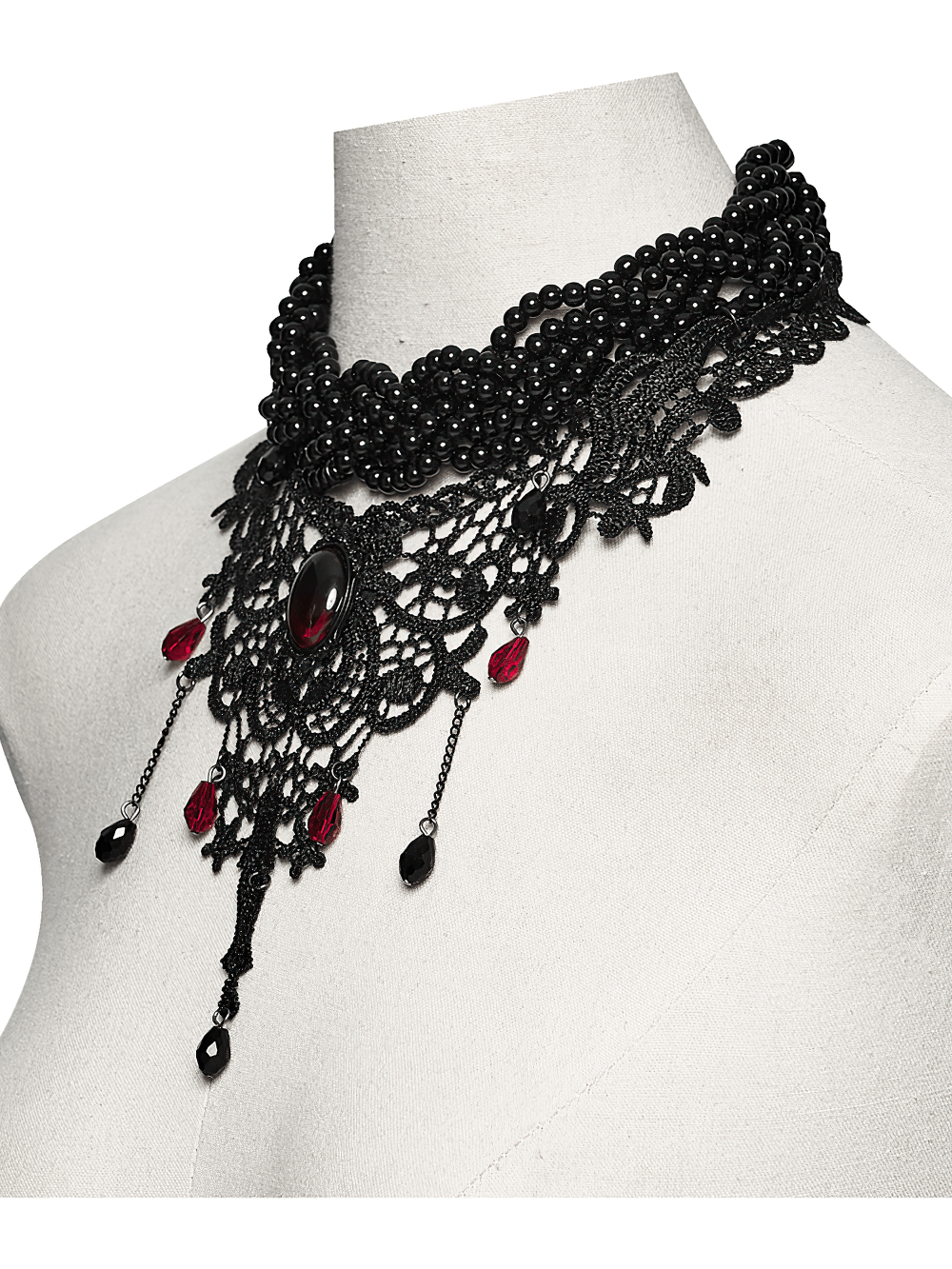 Victorian Gothic Beaded Choker with Red Crystal Drops