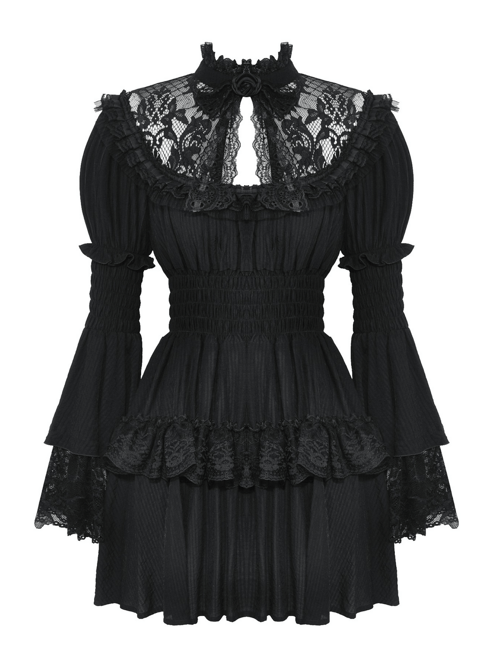 Elegant black lace Victorian Gothic dress with ruffle details and bell sleeves, perfect for gothic fashion lovers.