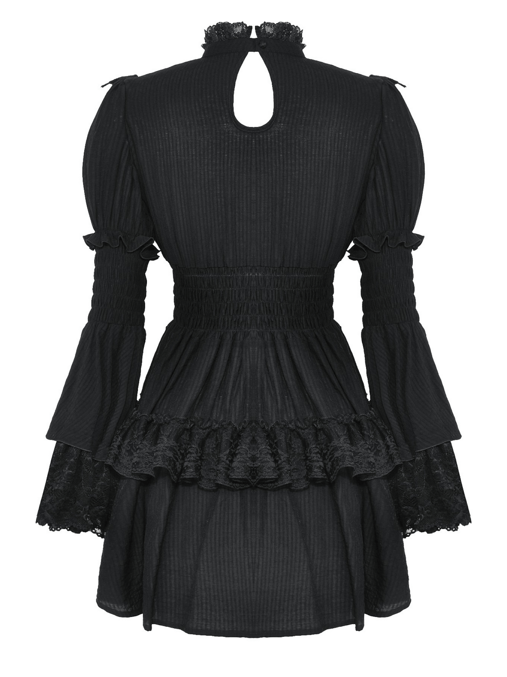 Victorian Gothic black lace dress featuring ruffled trims, bell sleeves, and a keyhole back, ideal for gothic fashion lovers.