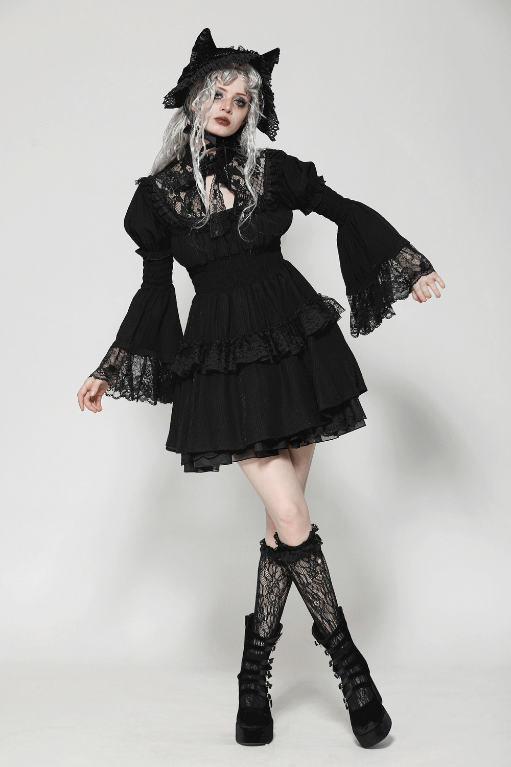 Victorian gothic black lace dress with ruffles and bell sleeves, perfect for gothic fashion lovers.