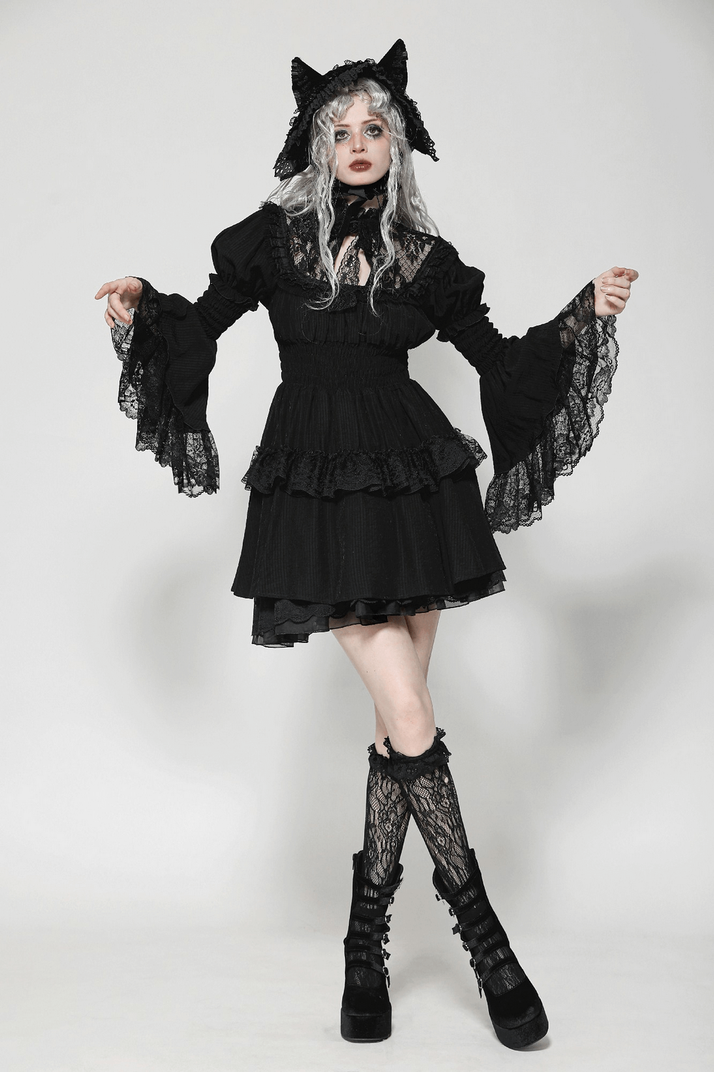 Victorian Gothic Black Lace Dress with Ruffle Details