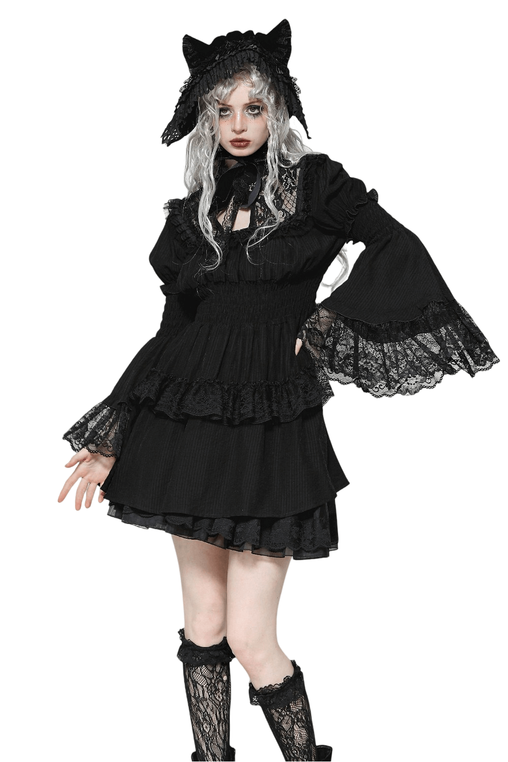 Elegant Victorian gothic black lace dress with ruffled trims and bell sleeves, perfect for gothic fashion lovers.