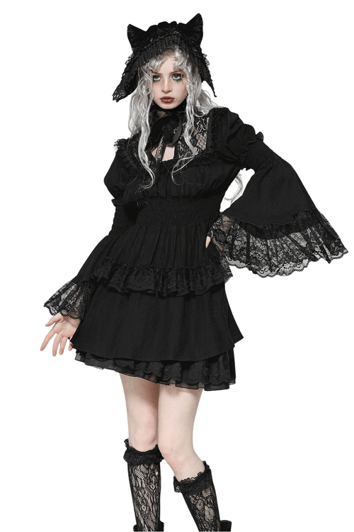 Victorian Gothic Black Lace Dress with Ruffle Details