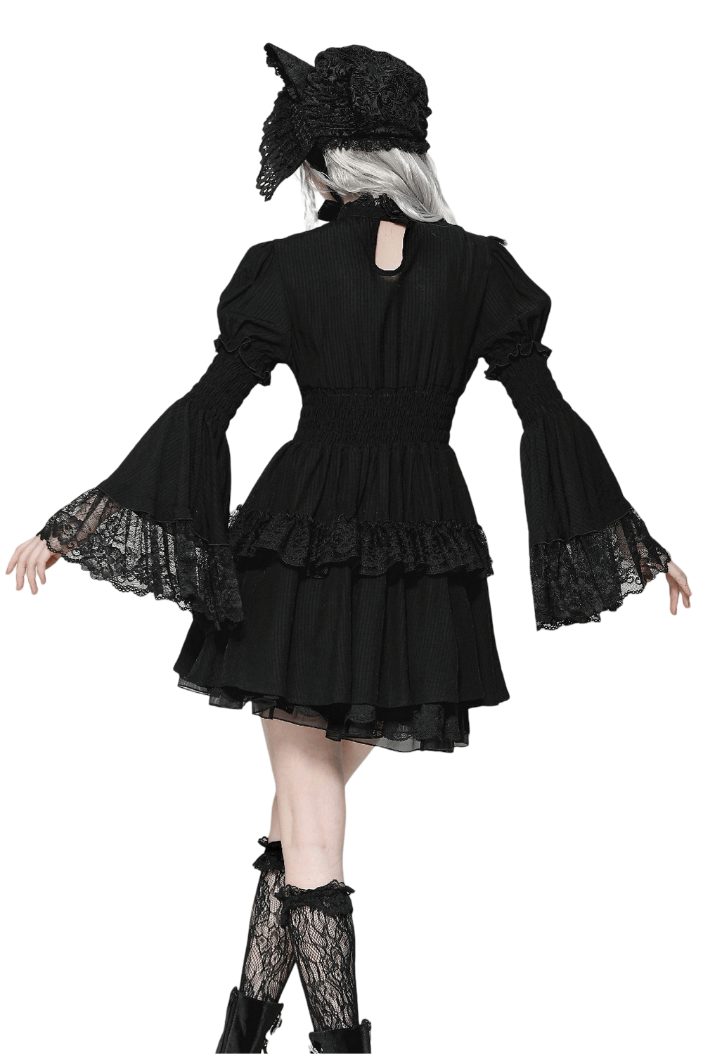 Back view of a Victorian Gothic black lace dress with ruffle details and bell sleeves, featuring a keyhole back.