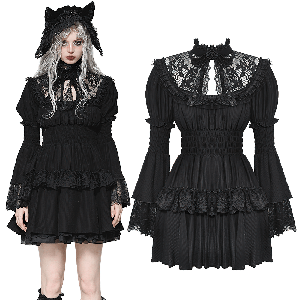 Victorian Gothic black lace dress with ruffle details and bell sleeves, perfect for formal occasions and gothic fashion.