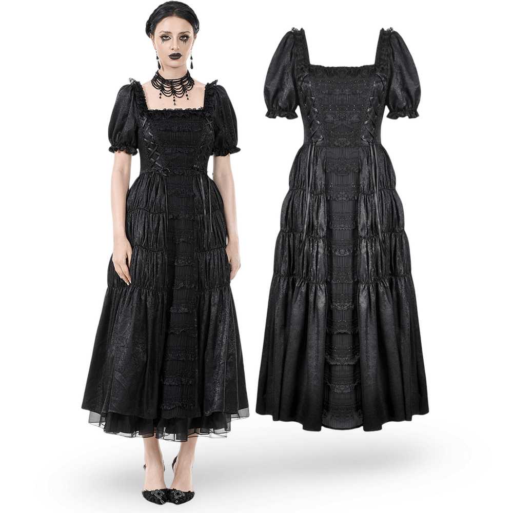 Victorian Gothic Black Puff-Sleeved Long Dress featuring lace-up corset and tiered ruffle detailing.