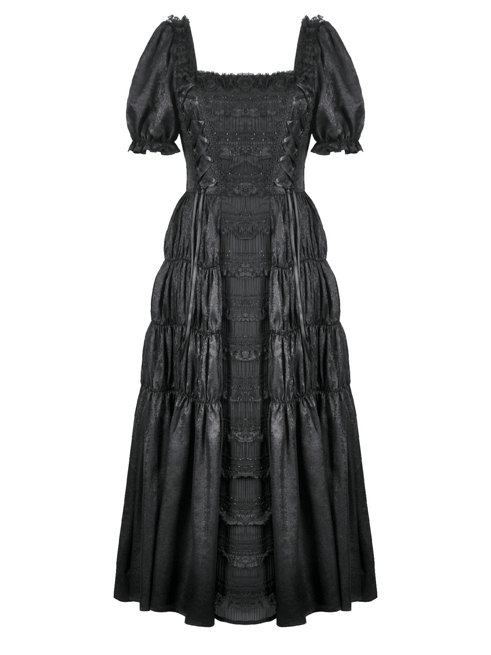 Victorian Gothic Black Puff-Sleeved Long Dress with lace-up corset and ruffle detailing for a dramatic look.