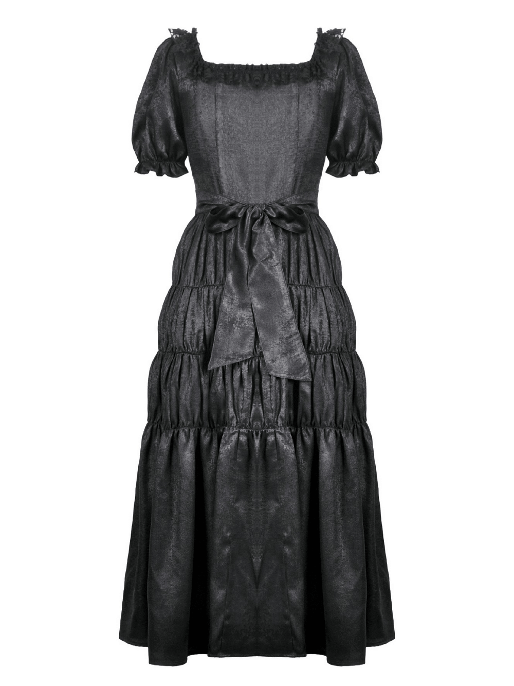 Victorian Gothic Black Puff-Sleeved Long Dress featuring puff sleeves, lace-up front, and dramatic tiered ruffle skirt.