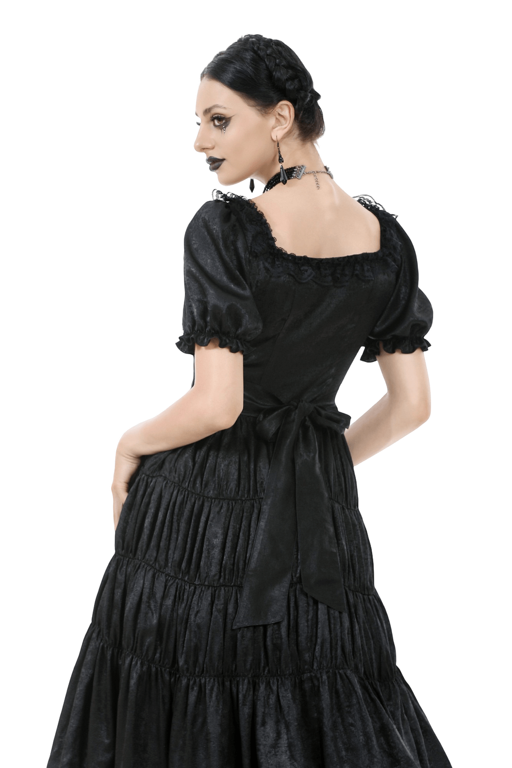 Victorian Gothic Black Puff-Sleeved Long Dress showcasing the back with a bow and ruffle details, exuding dark elegance.