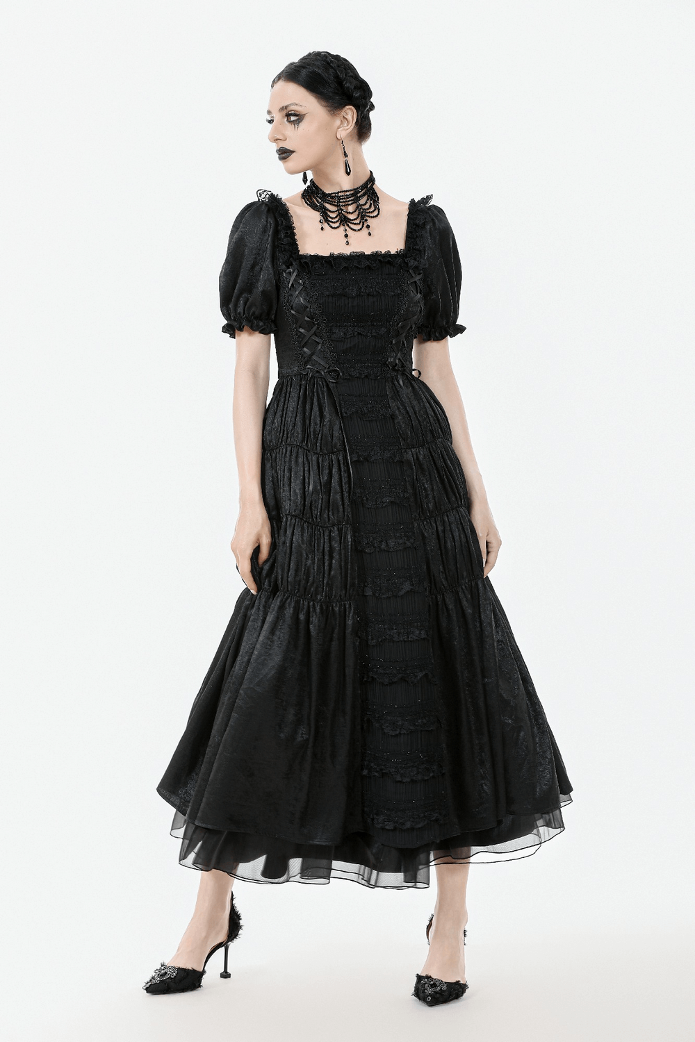 Victorian Gothic Black Puff-Sleeved Long Dress with lace-up corset and puff sleeves, showcasing dark romantic style.