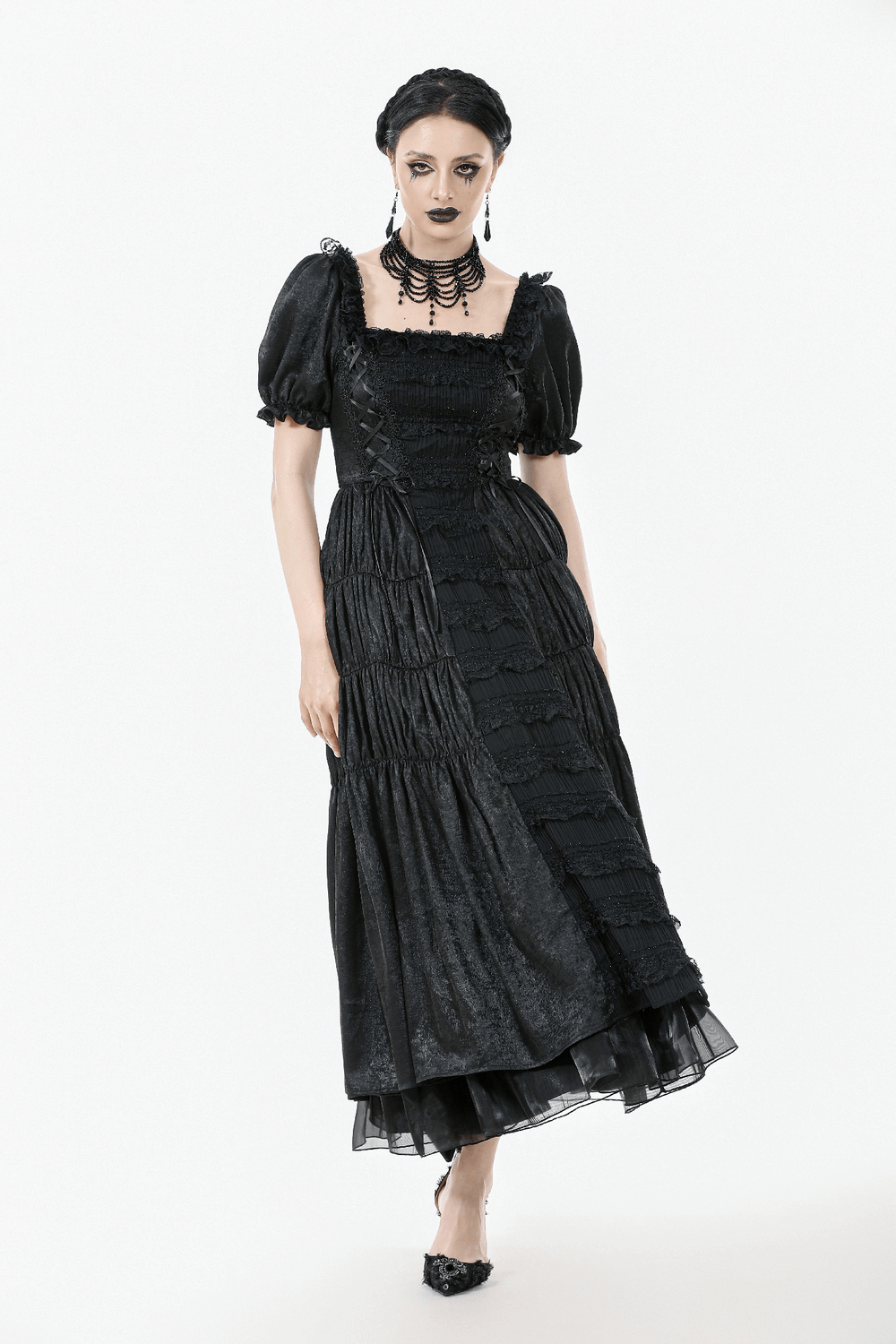 Victorian Gothic Black Puff-Sleeved Long Dress with lace-up corset and puff sleeves, embodying dark romantic elegance.