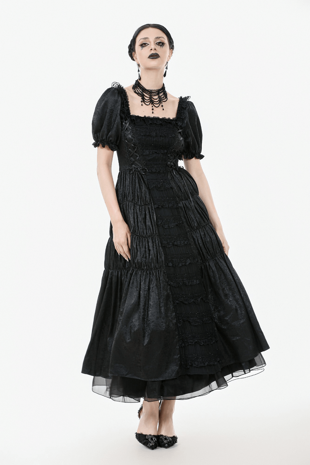 Victorian Gothic Black Puff-Sleeved Long Dress with lace-up corset and dramatic ruffle detailing.