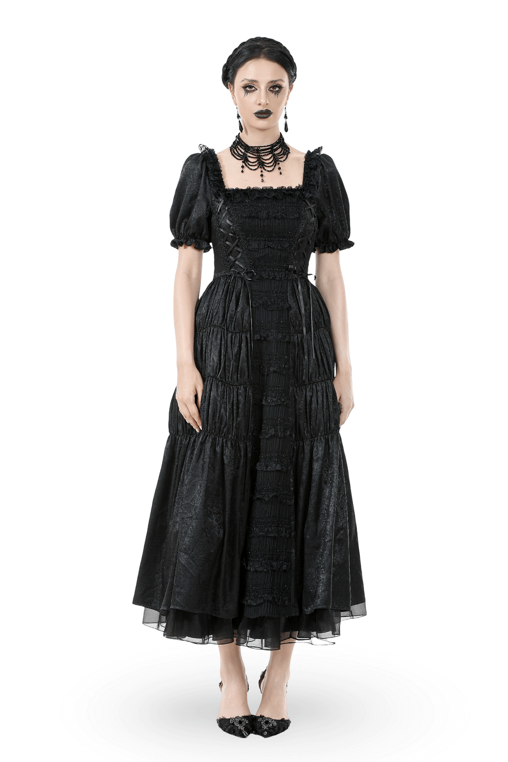 Victorian Gothic Black Puff-Sleeved Long Dress with lace-up corset and puff sleeves for dramatic vintage style.