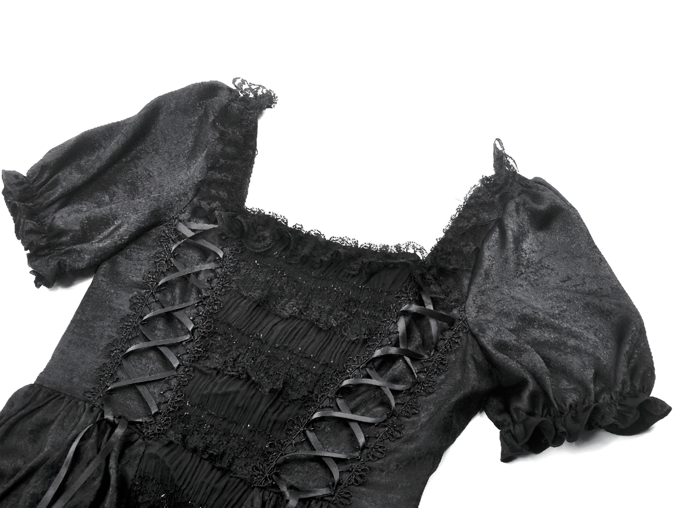 Victorian Gothic Black Puff-Sleeved Long Dress featuring lace-up corset and puff sleeves for a dramatic look.