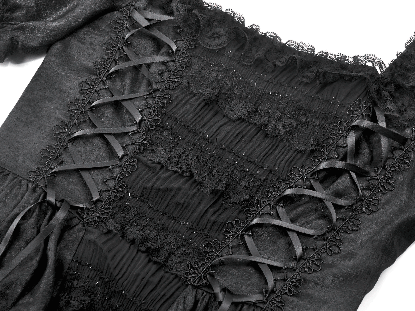 Victorian Gothic Black Puff-Sleeved Long Dress detailing with lace-up corset and ruffle accents in black fabric.