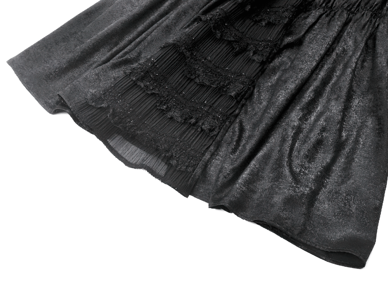 Close-up of the skirt detailing of a Victorian Gothic Black Puff-Sleeved Long Dress with ruffles and lace accents.
