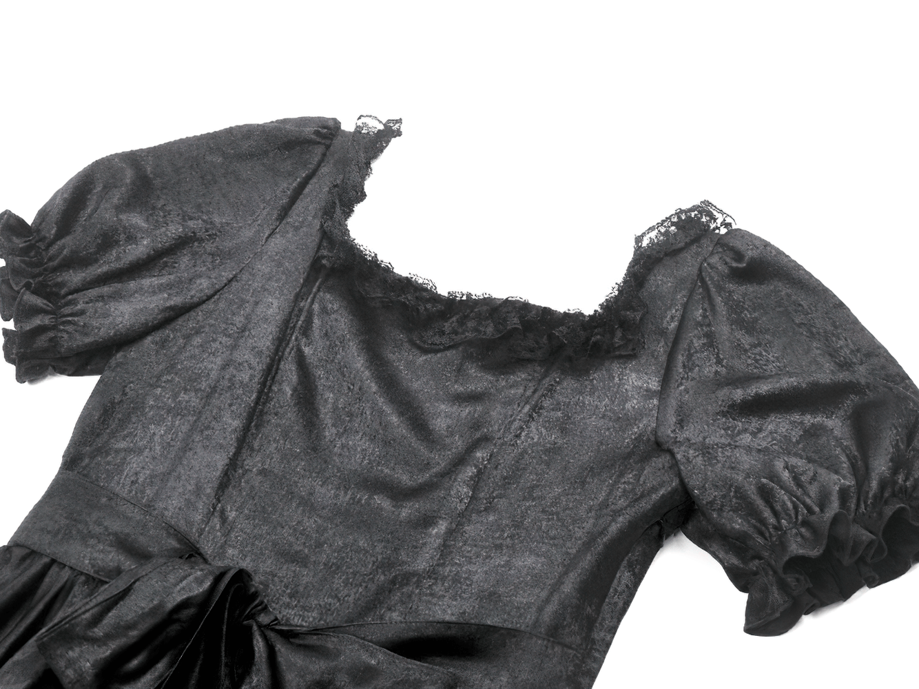 Victorian Gothic Black Puff-Sleeved Long Dress showing puff sleeves and lace trim details.