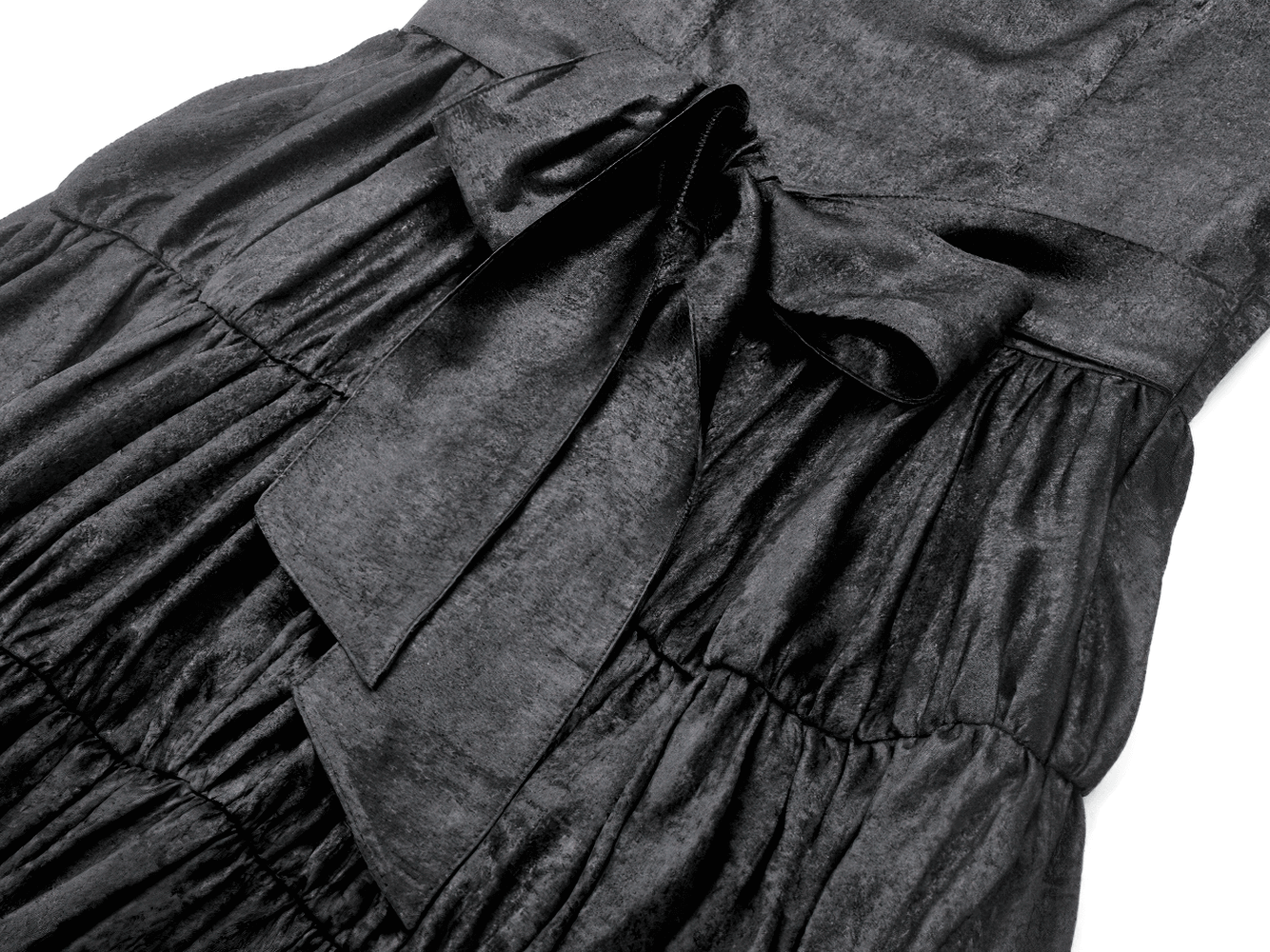 Victorian Gothic Black Puff-Sleeved Long Dress featuring elegant bow and tiered ruffle detailing.