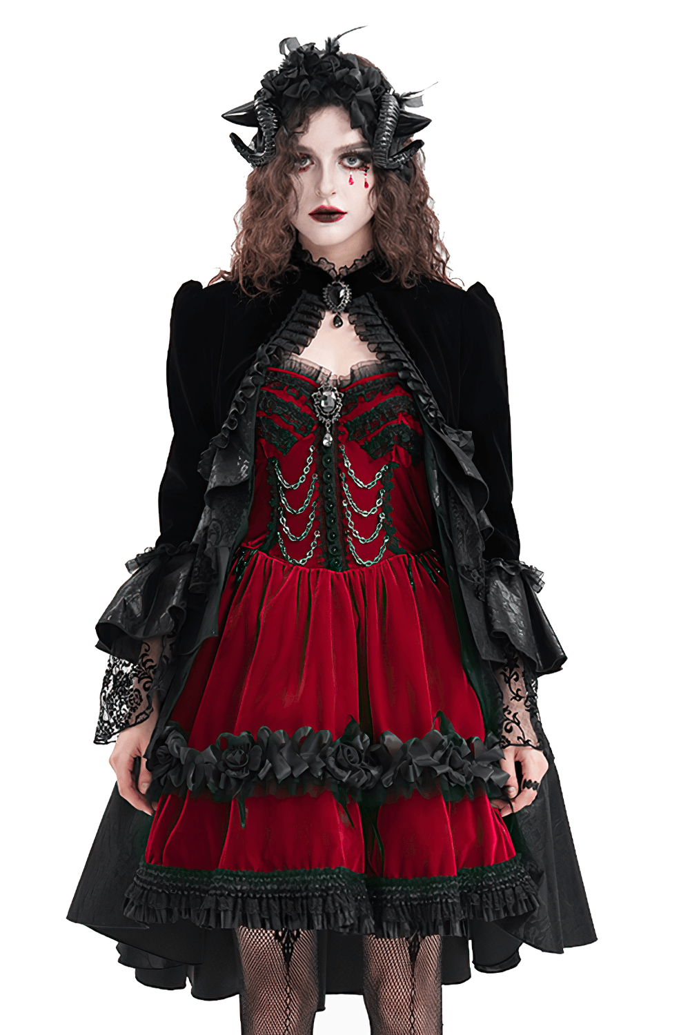 Victorian-inspired Gothic model in black velvet jacket and red dress with lace and ruffles, showcasing dramatic elegance.