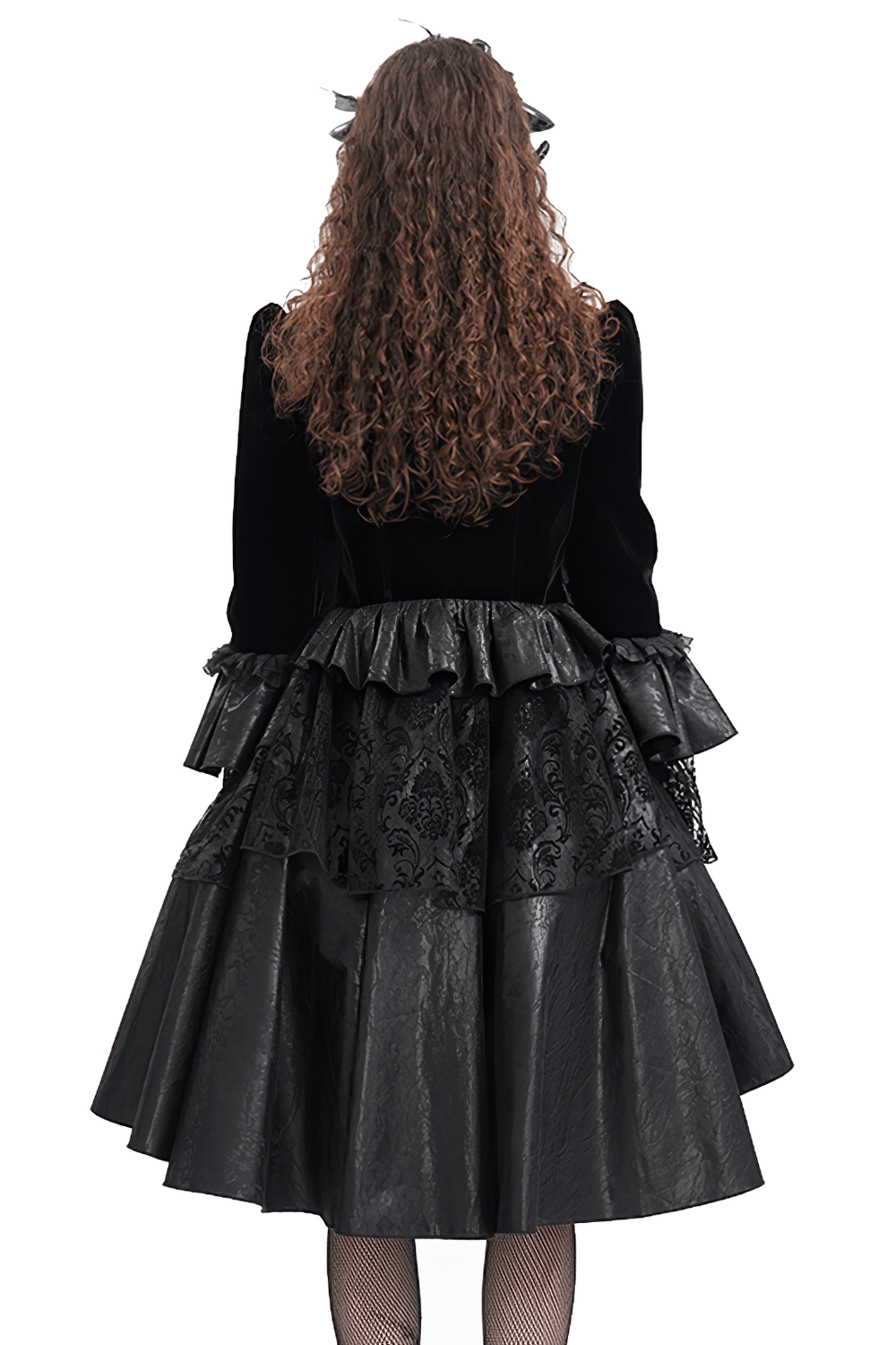 Back view of a Victorian Gothic black velvet jacket featuring lace and ruffled sleeves, perfect for elegant outfits.