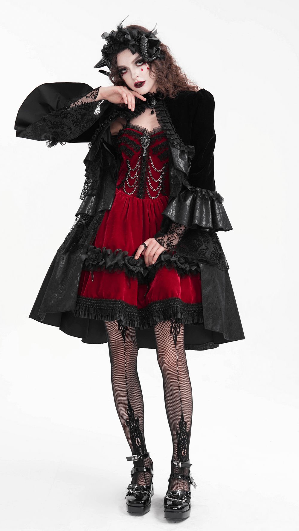 Victorian Gothic Black Velvet Jacket with Lace and Ruffles