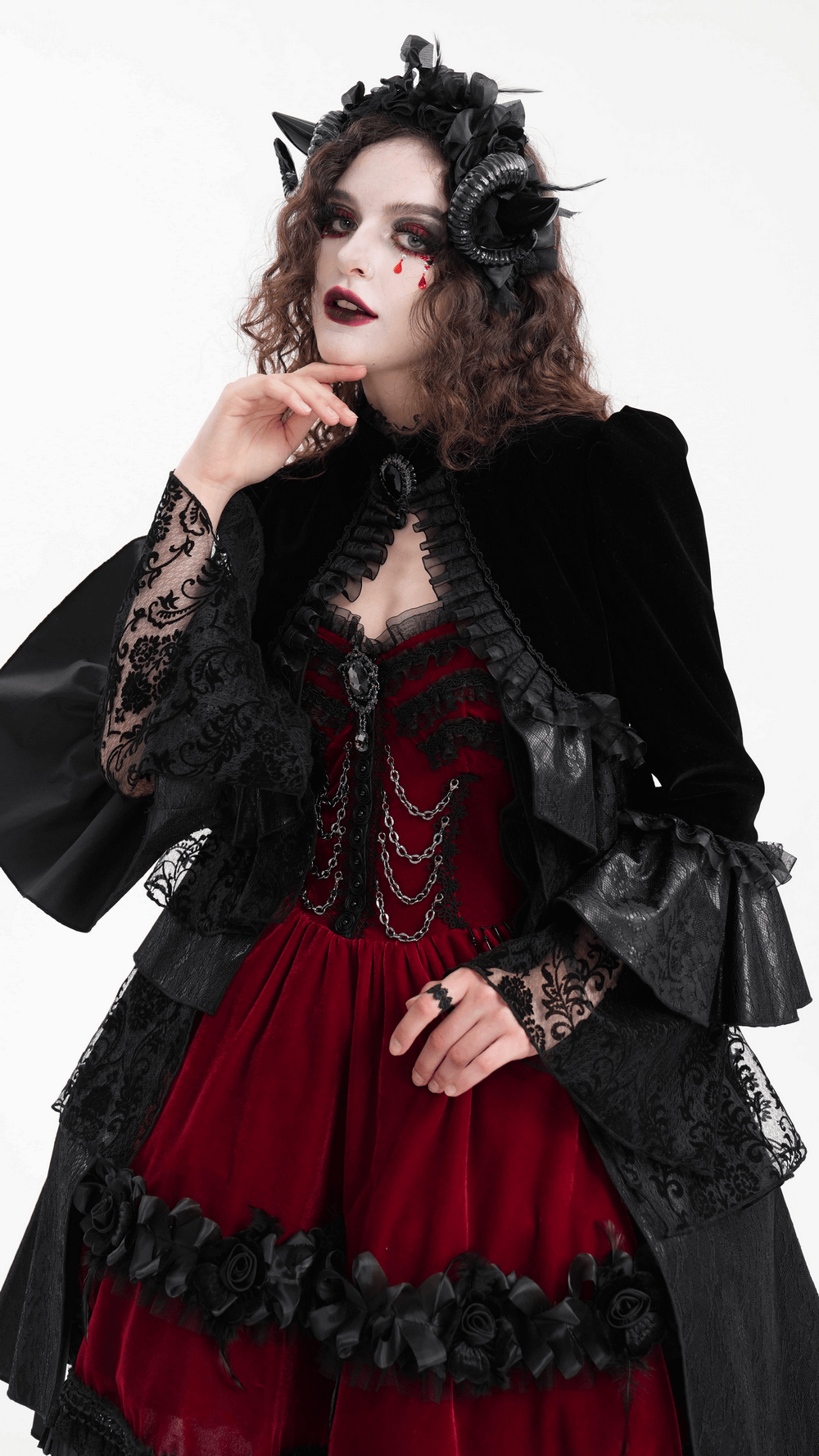 Victorian Gothic Black Velvet Jacket with Lace and Ruffles