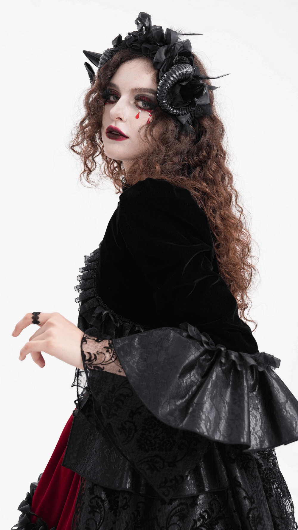 Victorian Gothic Black Velvet Jacket with Lace and Ruffles