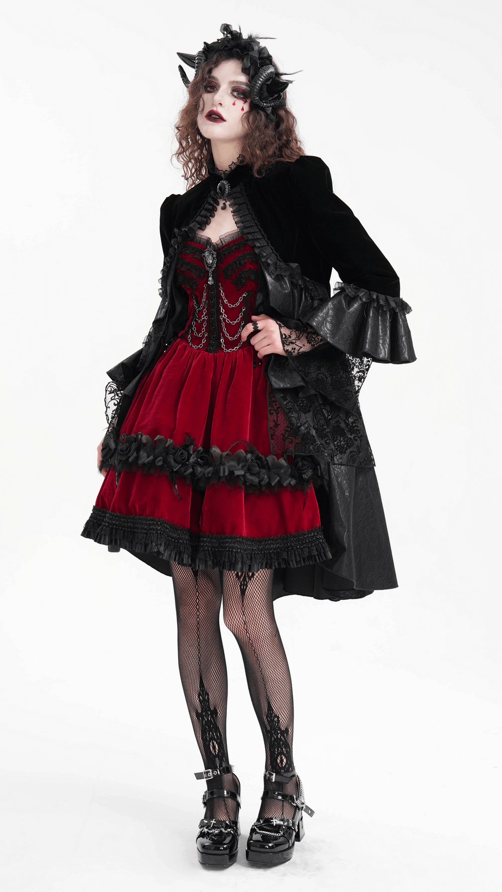 Victorian Gothic Black Velvet Jacket with Lace and Ruffles