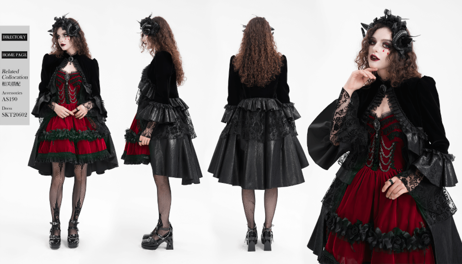 Victorian Gothic black velvet jacket with lace, ruffles, and bold red dress, layered for a dramatic fashion statement.