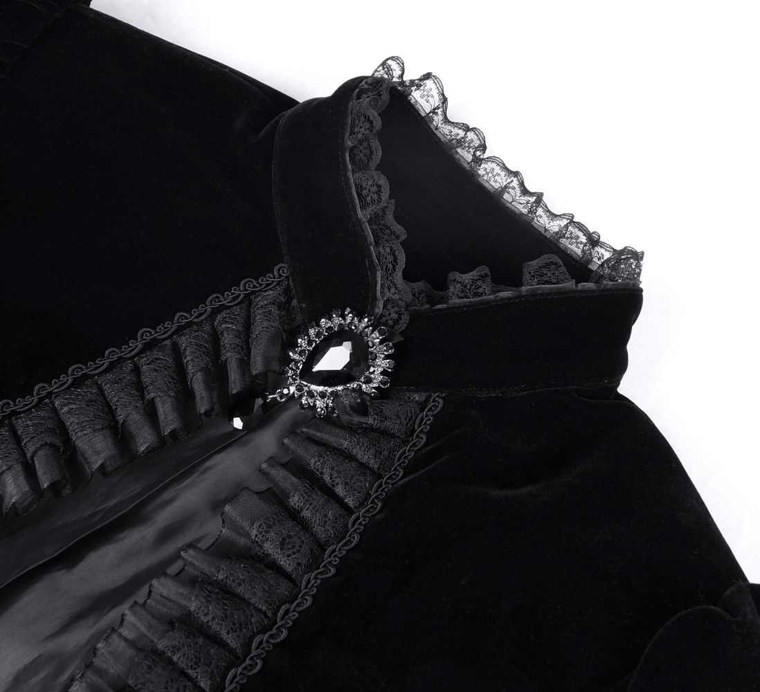 Victorian Gothic Black Velvet Jacket with Lace and Ruffles