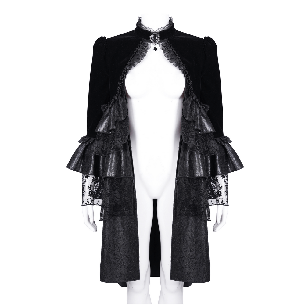 Victorian Gothic black velvet jacket featuring lace and ruffles, perfect for an elegant gothic look.